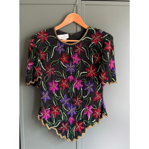 Laurence Kazar New York Tops - Vtg LAURENCE KAZAR sz L beaded floral top EUC